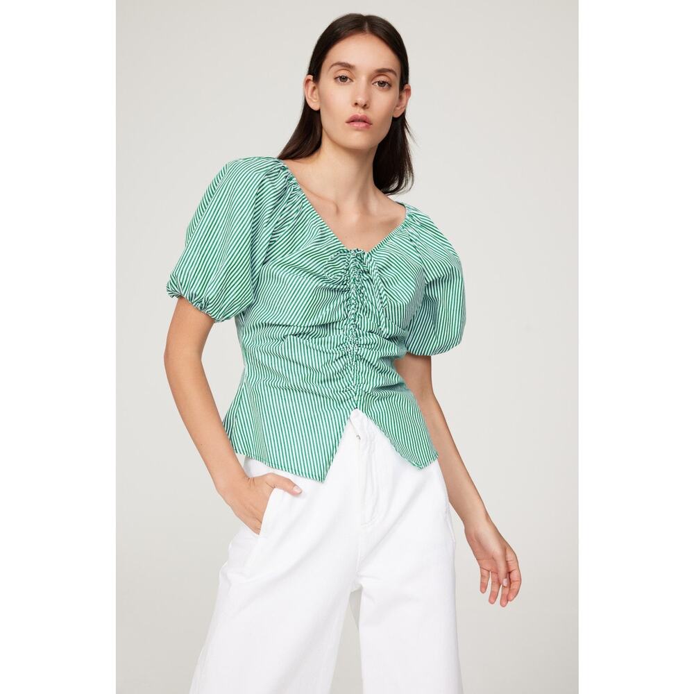 LISA SAYS GAH Green White Striped 100% Cotton Short Sleeve Margaret Top Size XS